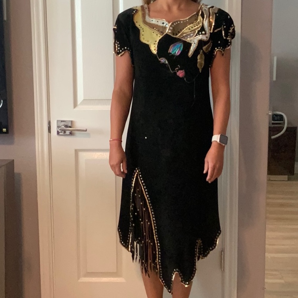 Vintage North Beach Leather Hand Painted Face Dress with brass studs